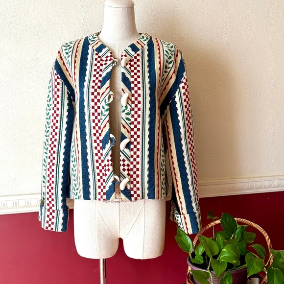 Doncaster Jackets & Blazers - Doncaster Vintage Tapestry Jacket 10 Leaf Check Stripe Toggle USA Made 90s Artsy